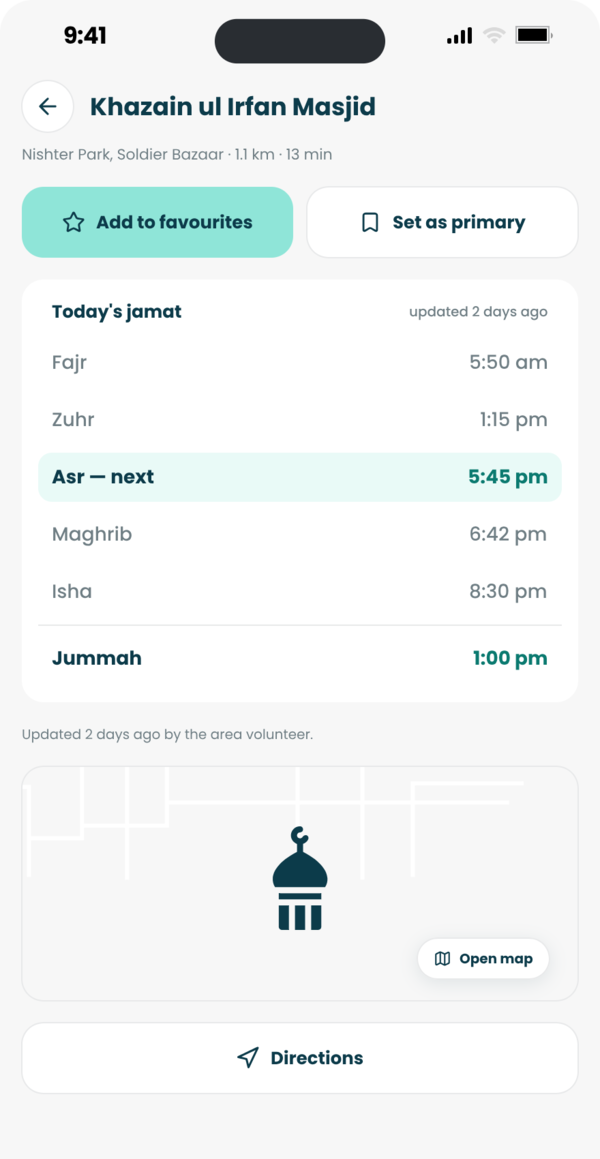 The Namazee app showing the jamat times one masjid has posted, above a line reading “Updated 2 days ago by the area volunteer.”